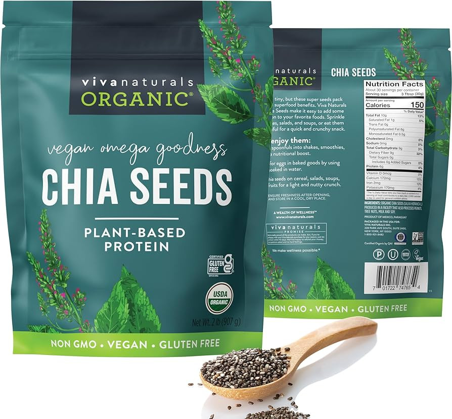 Viva Naturals Organic Chia Seeds, 2 lb (907 g) – Plant-Based Omega-3 and Vegan Protein, Gluten ... | Amazon (US)