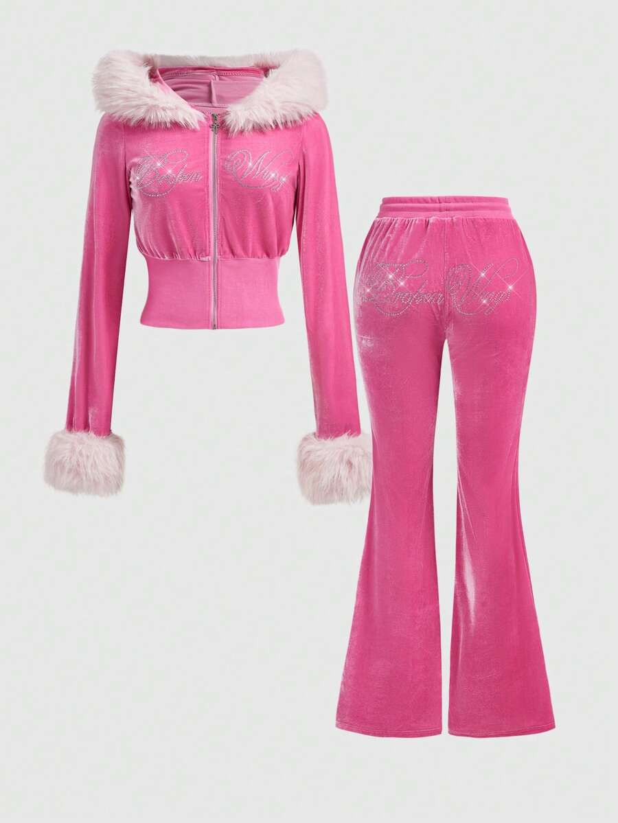 ROMWE J-Fashion 2pcs Y2K Velvet Rhinestone Embellished Sweatshirt Set For Women, Autumn/Winter | SHEIN