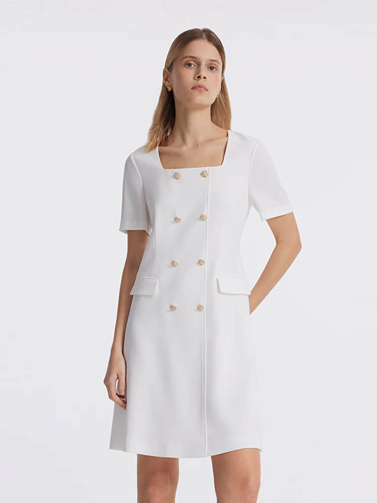 Triacetate Square Neck Double-Breasted Women Mini Dress | GOELIA