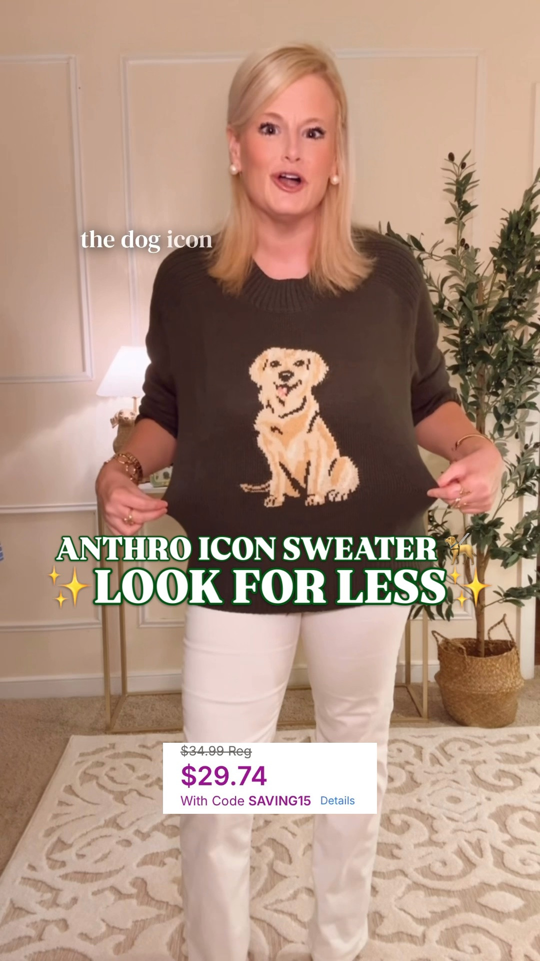 Golden retriever sweater | Anthropologie icon sweater look for less | preppy fall outfits | Kohl’s finds

The golden retriever reminds me of Sutton, so you can imagine how quickly this sweater won me over. 🐾 An Anthro icon sweater look for less with a dog on the front? Sold.

This olive green sweater from Kohl’s has the playful, preppy look I love for fall: a golden retriever motif, classic crewneck and wide ribbed trim. It’s a cotton and acrylic blend with dropped shoulders, and you can machine wash it on delicate.

I’m wearing a large for a cozy, relaxed fit. I paired it with white jeans here, but it would be just as cute with dark denim or corduroy pants for fall weekends, teacher outfits and casual Thanksgiving plans.

And if you’re shopping for a dog mom or golden retriever lover, this is such a fun gift. Something she can wear all season that reminds her of her favorite four legged family member.

Shop the sweater below and use code SAVING15 for $29.74.

golden retriever sweater women, dog sweater for women, Anthropologie icon sweater look for less, Anthro sweater look for less, dog motif sweater, animal motif sweater women, olive green sweater women, cotton blend sweater, cozy fall sweater, preppy sweaters women, preppy fall style, fall outfits women 2026, casual fall outfits, sweater and jeans outfit, teacher outfits fall, Thanksgiving sweater women, dog mom gifts, gifts for golden retriever lovers, gifts for dog lovers women, holiday gifts for women, sweaters under $30, affordable fall sweaters, Kohl’s sweaters women, Kohl’s fashion finds, Sonoma dog sweater, designer look for less

#LTKFindsUnder50 #PreppyStyle #LookForLess #KohlsFinds #FallSweaters #FallOutfits #DogMom #GiftIdeas #AnthroStyle #Anthropologie

#LTKSeasonal #LTKSaleAlert #LTKPetite