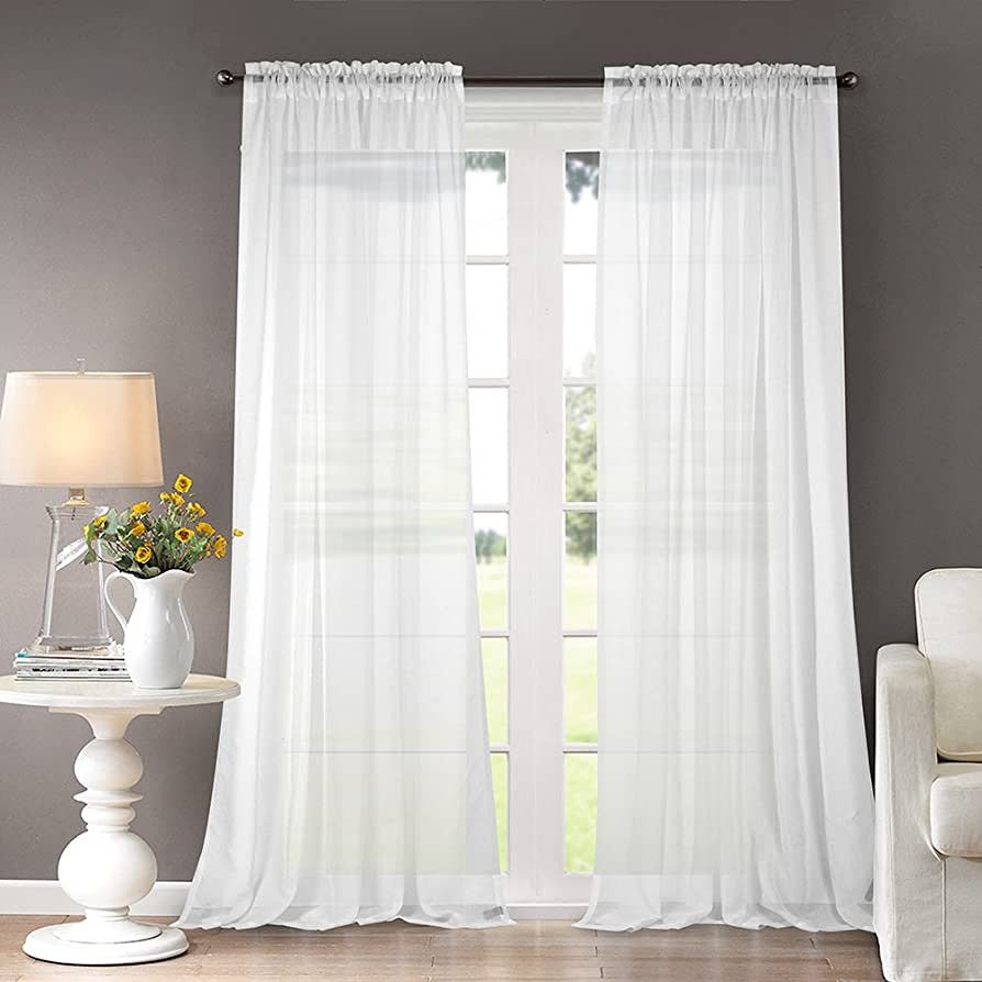 Dreaming Casa Solid Sheer Curtains Draperies White Rod Pocket 2 Panels 100" W x 102" L | Amazon (US)