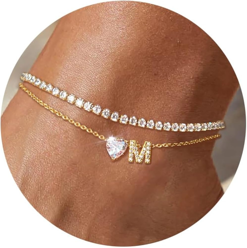 Gold Initial Ankle Bracelets for Women Waterproof 14K Gold Filled Layered Anklets for Women Non T... | Amazon (US)
