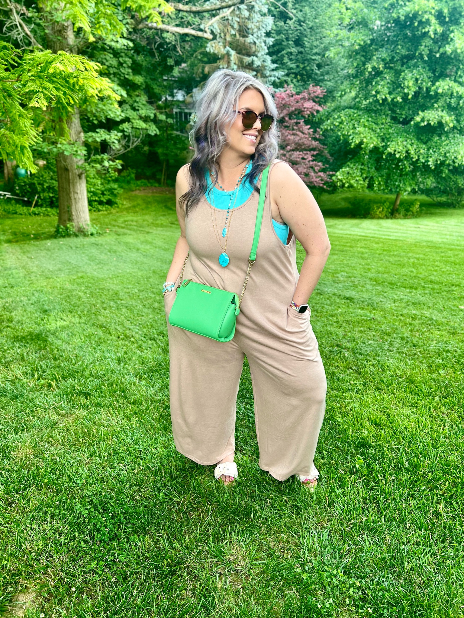 ✨SIZING•PRODUCT INFO✨
⏺ Tan jumpsuit - XXL - @amazonfashion - TTS
⏺ Blue seamless high neck ribbed tank - XXL - TTS - @walmartfashion
⏺ Turquoise boho jewelry - @walmartfashion  
⏺ Raffia tortoise-shell slide sandals @targetstyle	- TTS
⏺ Shaping capri - XL - TTS @amazonfashion
⏺ Bright green satchel bag - mine no longer available from	@stevemadden but I linked similar option(s) from @amazonfashion	

Jumpsuit, romper, tan, blue, tank, seamless, ribbed, slides, sandals, raffia, neutral, satchel, green, turquoise, boho

#amazon #amazonfind #amazonfinds #founditonamazon #amazonstyle #amazonfashion #walmart #walmartfashion #walmartstyle walmart finds, walmart outfit, walmart look  #sandals #springsandals #summersandals #springshoes #summershoes #flipflops #slides #summerslides #springslides #slidesandals #green #kelly #kellygreen #greenoutfit #greenlook #jumpsuit #romper #jumpsuitoutfit #romperoutfit #jumpsuitoutfitinspo #romperoutfitinspo #jumpsuitlook #romperlook #springromper #springjumpsuit #travel #vacation #vacay #tropical #resort #outfit #inspiration Travel outfit, vacation outfit, travel ootd, vacation ootd, resort outfit, resort ootd, travel style, vacation style, resort style, vacay style, travel fashion, vacay fashion, vacation fashion, resort fashion, travel outfit idea, travel outfit ideas, vacation outfit idea, vacation outfit ideas, resort outfit idea, resort outfit ideas, vacay outfit idea, vacay outfit ideas Boho, boho outfit, boho look, boho fashion, boho style, boho outfit inspo, boho inspo, boho inspiration, boho outfit inspiration, boho chic, boho style look, boho style outfit, bohemian, whimsical outfit, whimsical look, boho fashion ideas, boho dress, boho clothing, boho clothing ideas, #boho #bohemian #bohostyle #bohochic #bohooutfit #under30 #under40 #under50 #under60 #under75 #under100
#affordable #budget #inexpensive #size14 #size16 #size12 #medium #large #extralarge #xl #curvy #midsize #pear #pearshape #pearshaped
budget fashion, affordable fashion, budget style, affordable style, curvy style, curvy fashion, midsize style, midsize fashion

#LTKFindsUnder50 #LTKMidsize #LTKStyleTip