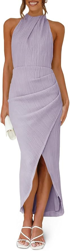 Fisoew Womens Halter Neck Party Dress Sleeveless Slit Textured Backless Sim Fit Ruched Sexy Midi ... | Amazon (US)