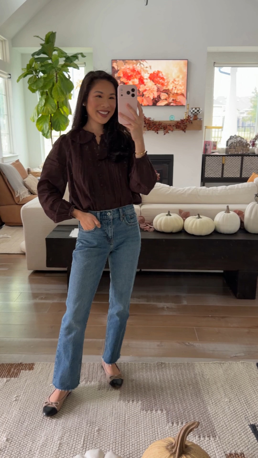 Transitional fall outfit for when it’s still warm out! Love this cotton brown blouse with the Peter Pan collar and lace detail. Button front so it’s breastfeeding friendly and good for postpartum. Pairing with straight leg high rise jeans. Wearing size XS in the top and 24 short in the jeans.

#LTKootd #LTKPetite #LTKSeasonal