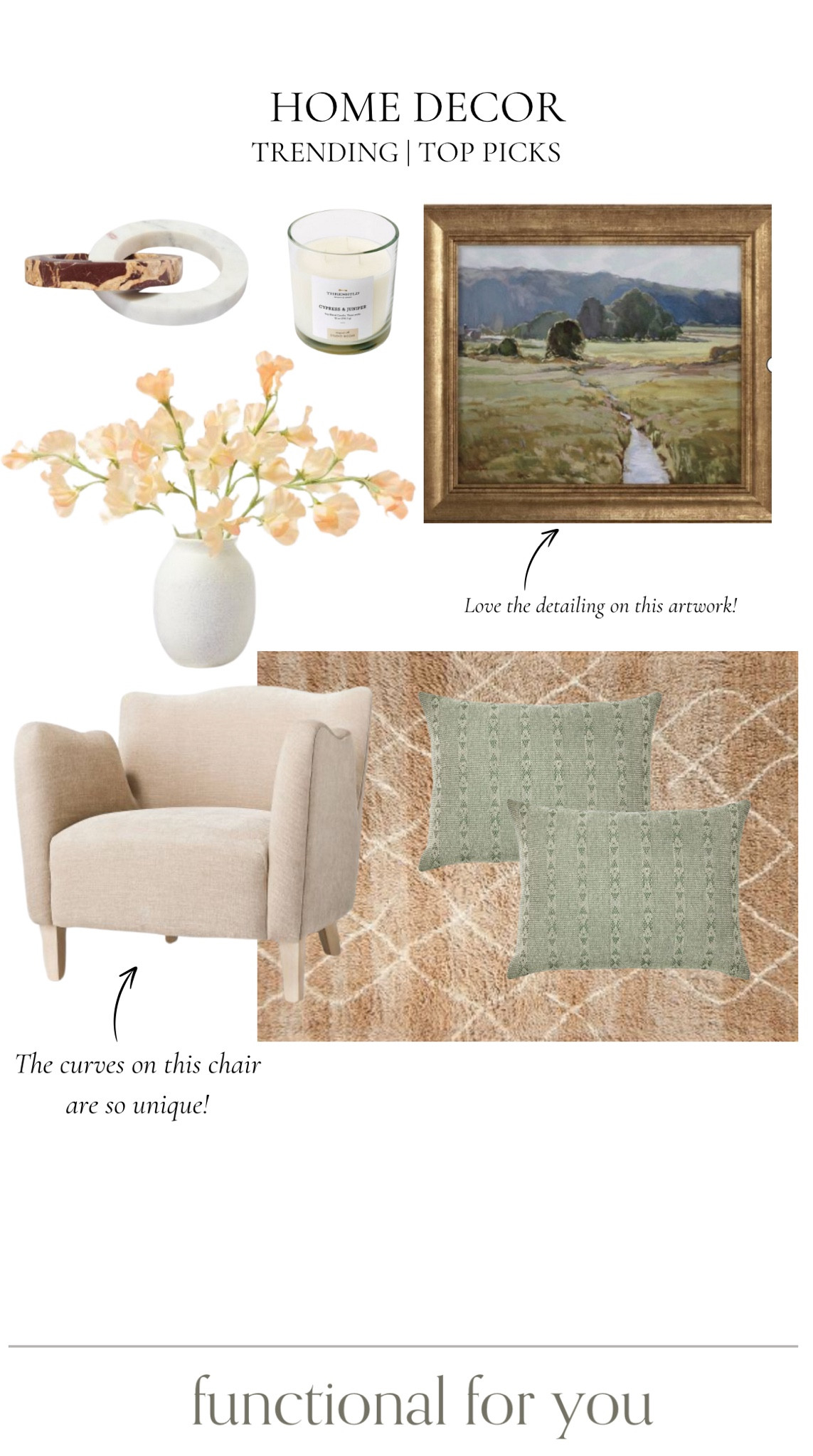 Home decor top picks, all from Target!





Home decor, Target home decor, Target furniture, accent chairs, stems, wall art, faux plant, area rug, throw pillows, accent pillows, light pendant, light fixturees

#LTKStyleTip #LTKHome