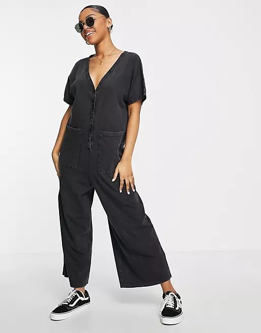 ASOS DESIGN washed button through oversized jumpsuit in charcoal | ASOS (Global)