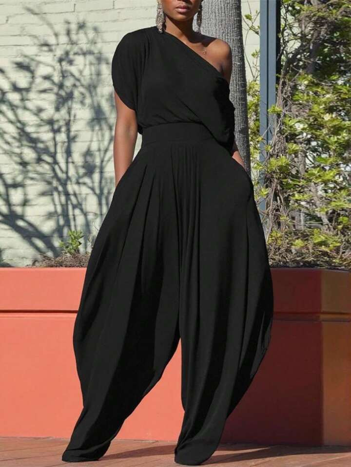 INAWLY Solva Summer Fashion Asymmetric Neck Loose Solid Color Jumpsuit | SHEIN