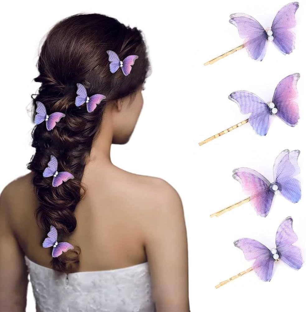 Bartosi Hair Clips Butterfly Hair Barrettes Purple Fabric Fashionable Bobby Pins Pearl Decorative... | Amazon (US)