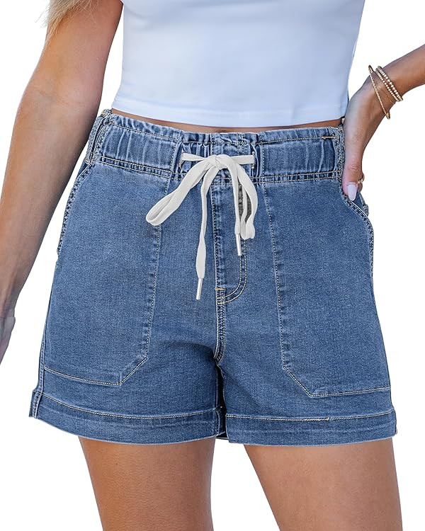 luvamia Jean Shorts for Women High Waisted Pull On Drawstring Elastic Waist Trendy Stretchy Denim... | Amazon (US)