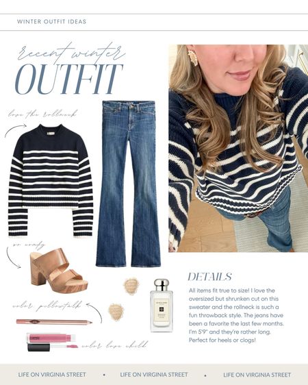 Loving this recent winter outfit idea! Includes this navy blue and white striped rollneck sweater, long skinny flare jeans, raffia and pearl earrings, and favorite lipgloss (in color Love Child). All items fit true to size. The sweater is a bit cropped but also looser fit. Most of this look is on sale too!
.
#ltkfindsunder50 #ltksalealert #ltkover40 #ltkmidsize #ltkfindsunder100 #ltkstyletip #ltkbeauty #ltkseasonal

#LTKSeasonal #LTKsalealert #LTKover40