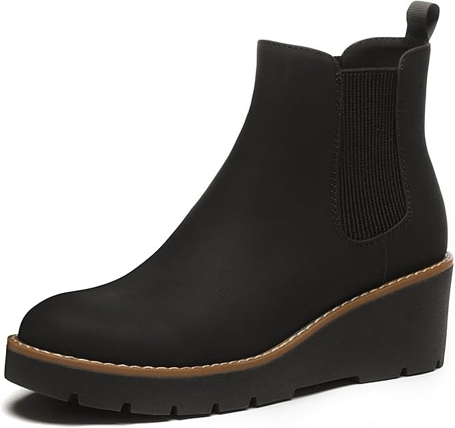 Women's Platform Wedge Chelsea Ankle Boots | Slip On Fall Winter Short Booties, Round Toe, 2 Inch... | Amazon (US)