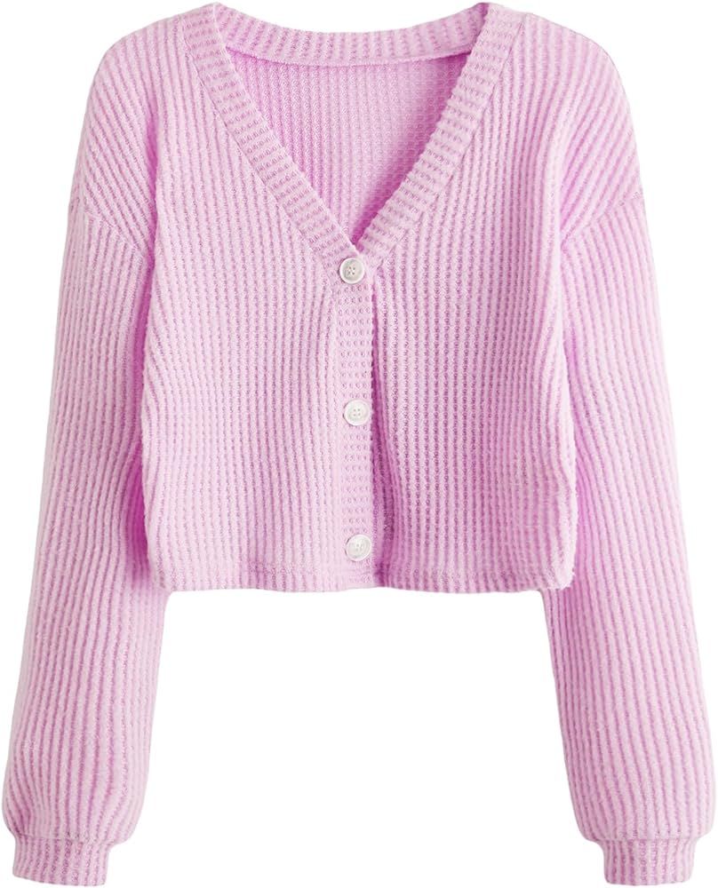 SweatyRocks Women's Long Sleeve Plaid Button Front V Neck Soft Knit Cardigan Sweaters | Amazon (US)