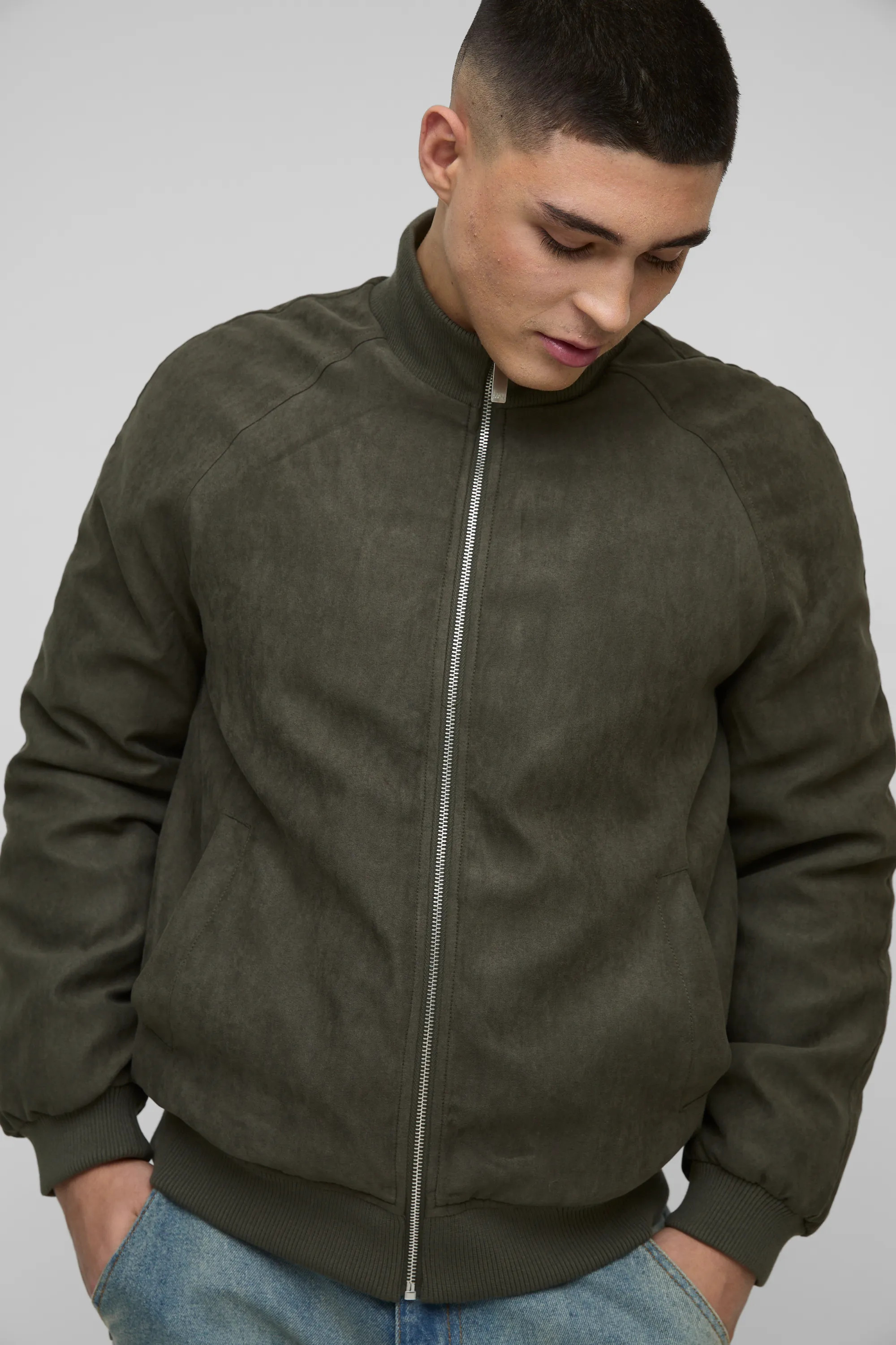Raglan Regular Fit Funnel Neck Faux Suede Bomber Jacket | boohooMAN (US & Canada)