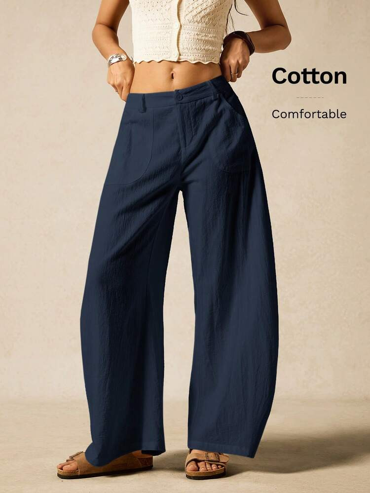 Easelle Navy Blue Woven Wide Leg Barrel Leg Pants For Women Linen Pants For Women Cotton Pants Women,Fall | SHEIN