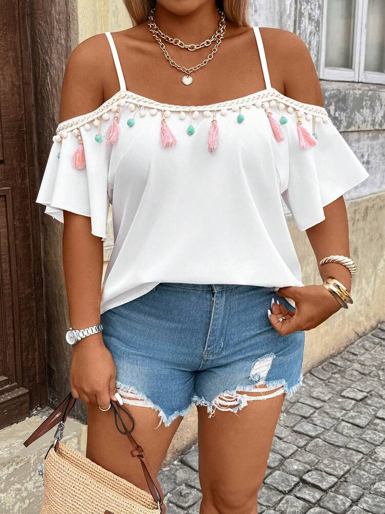 Breezaya Plus Size Solid Color Fringe Splice Off-Shoulder Casual Vacation Blouse For Women, Spring/Summer Boho Summer Tops Cold Shoulder Blouse Tassel Top Summer Casual Tops White Boho Top Summer Cute Tops | SHEIN