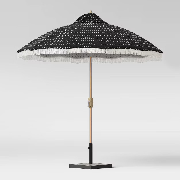 9' x 9' Vee Stripe Carousel Patio Umbrella DuraSeason Fabric™ White Fringe - Light Wood Pole - ... | Target