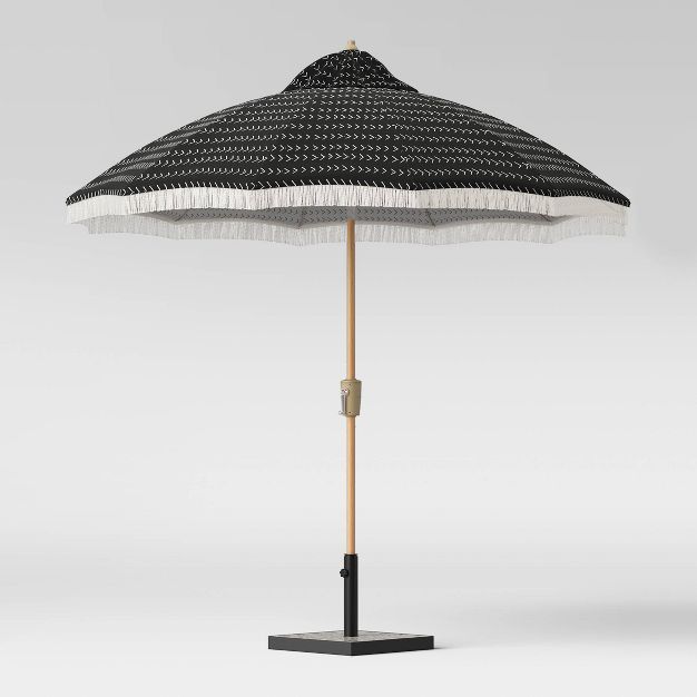 9' x 9' Vee Stripe Carousel Patio Umbrella DuraSeason Fabric™ White Fringe - Light Wood Pole - ... | Target
