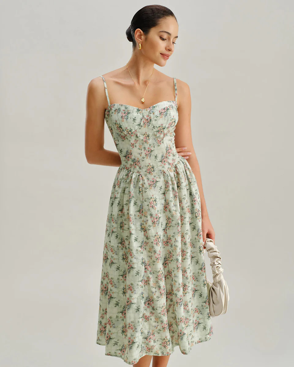 Green Floral Sweetheart Neck Pleated Slip Midi Dress | rihoas.com