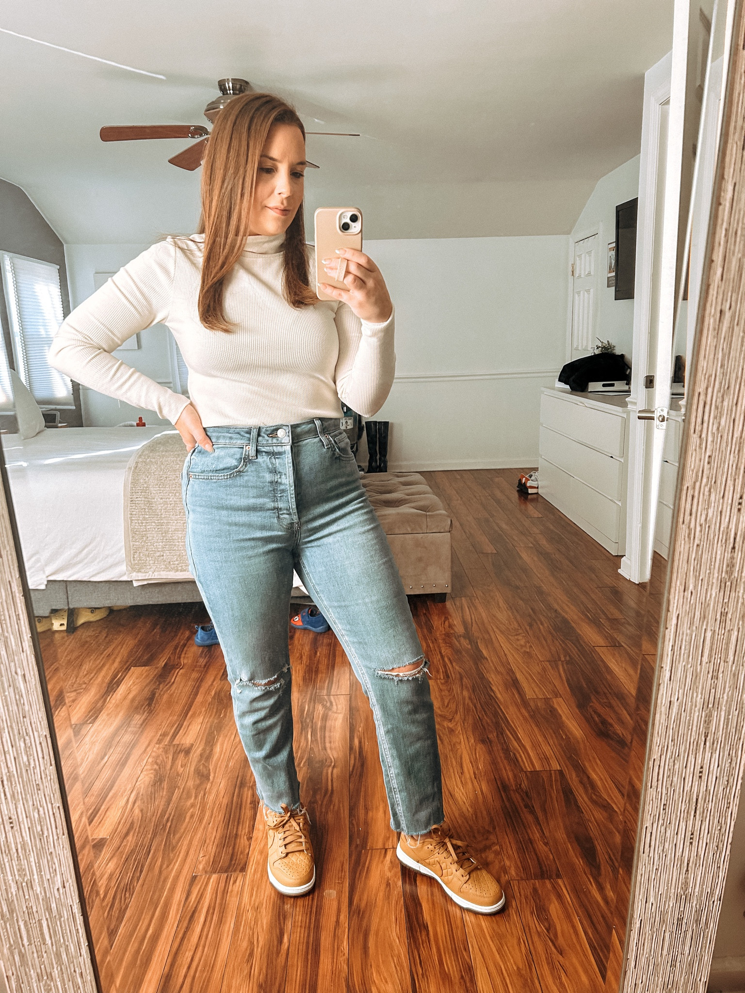White mock neck long sleeve, blue ripped jeans, beige women’s dunks

#LTKSeasonal #LTKshoecrush #LTKstyletip