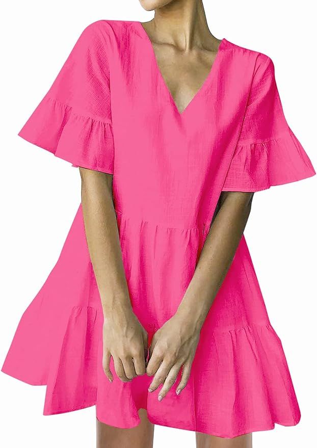 FANCYINN Women’s Cute Shift Dress with Pockets Bell Sleeve Ruffle Hem V Neck Loose Swing Tunic ... | Amazon (US)