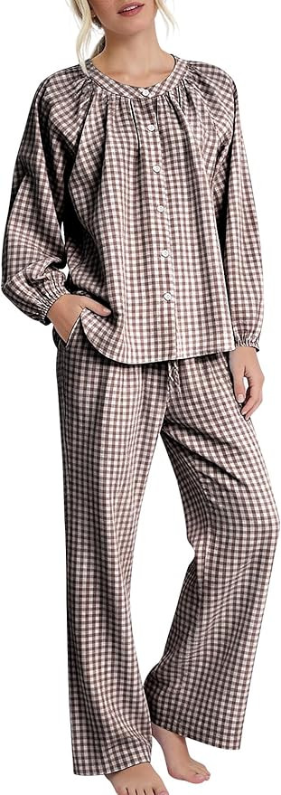 COZYPOIN Womens Gingham Pajama Set 2 Piece Cotton Plaid Button Down Puff Sleeve Shirt and Pants L... | Amazon (US)