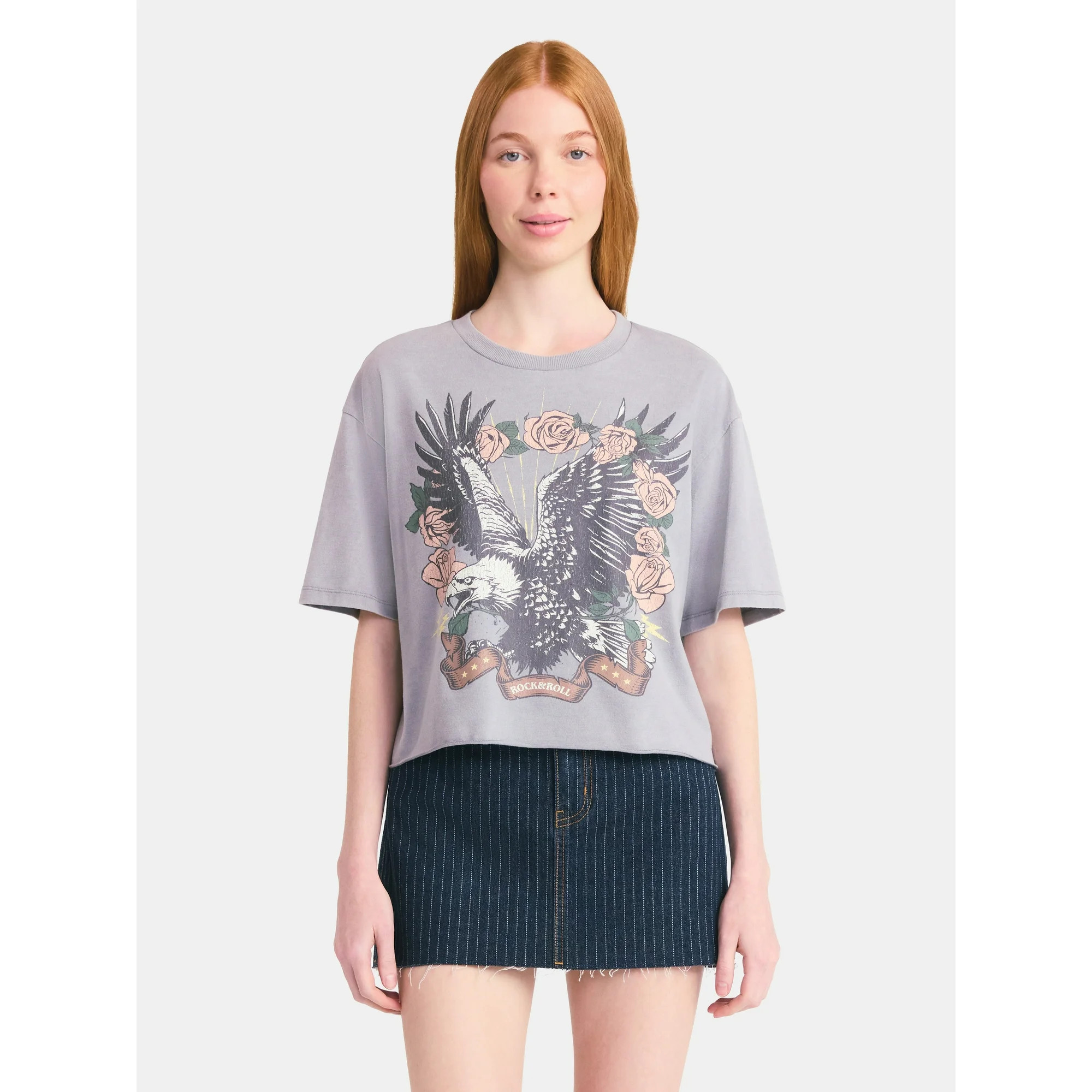No Boundaries Boxy Cropped Graphic Tee with Short Sleeves, Women's | Walmart (US)