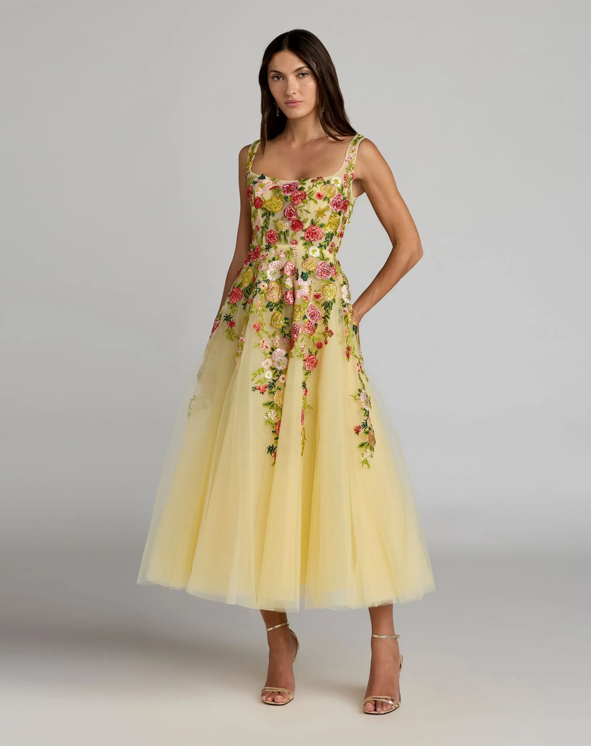 Yellow Embroidered Tulle A-Line Midi Dress | Mac Duggal | Mac Duggal