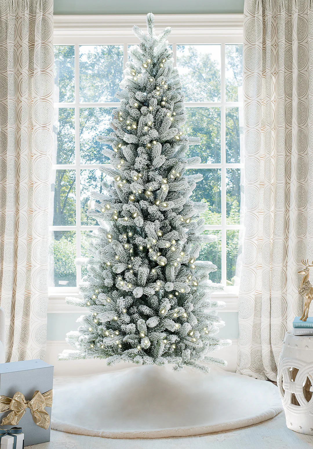 12' King Flock® Slim Artificial Christmas Tree with 1250 Warm White LED Lights | King of Christmas