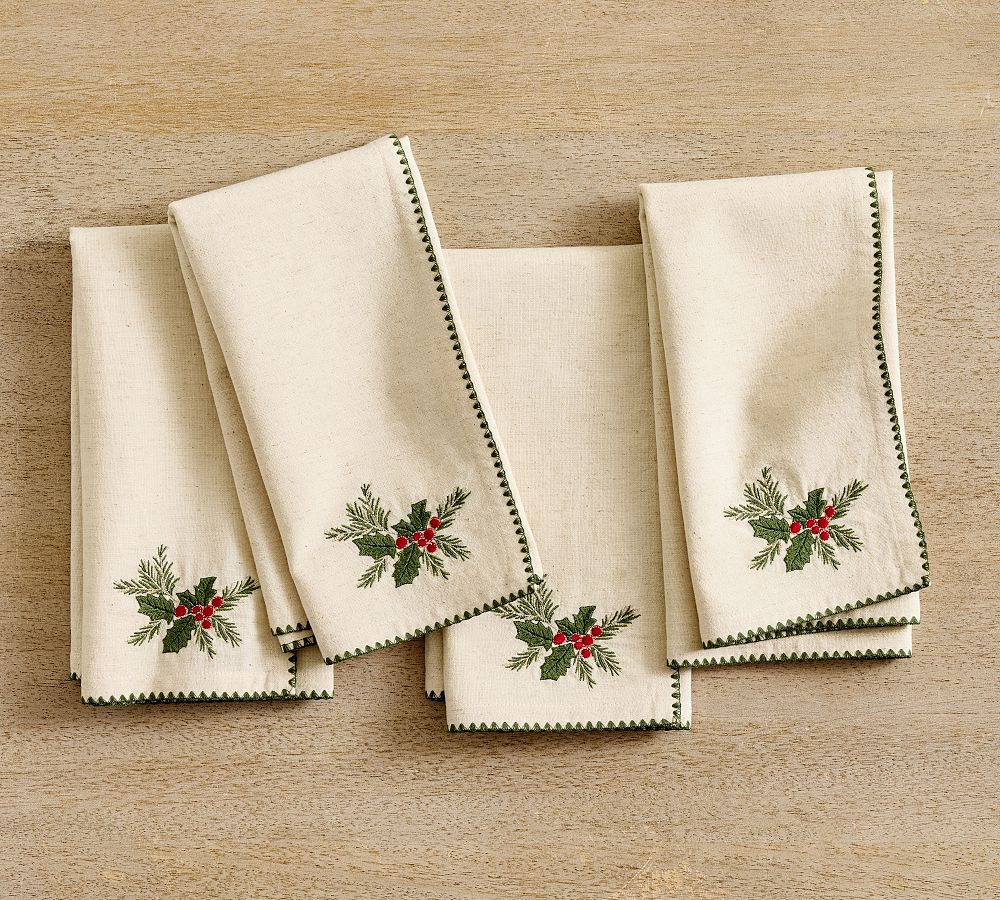 Holly Embroidered Cotton/Linen Napkins - Set of 4 | Pottery Barn (US)