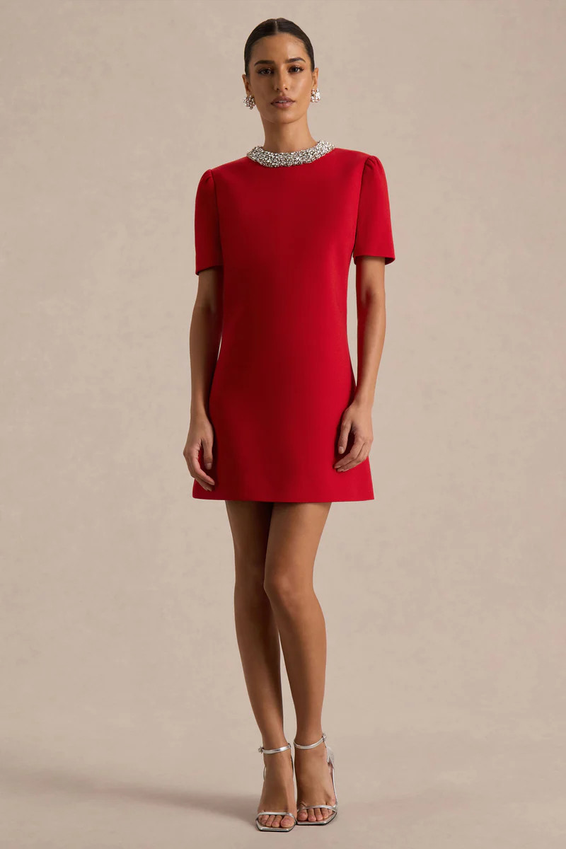 Jackie  Red Embellished High-Neck Mini Dress | Club L London