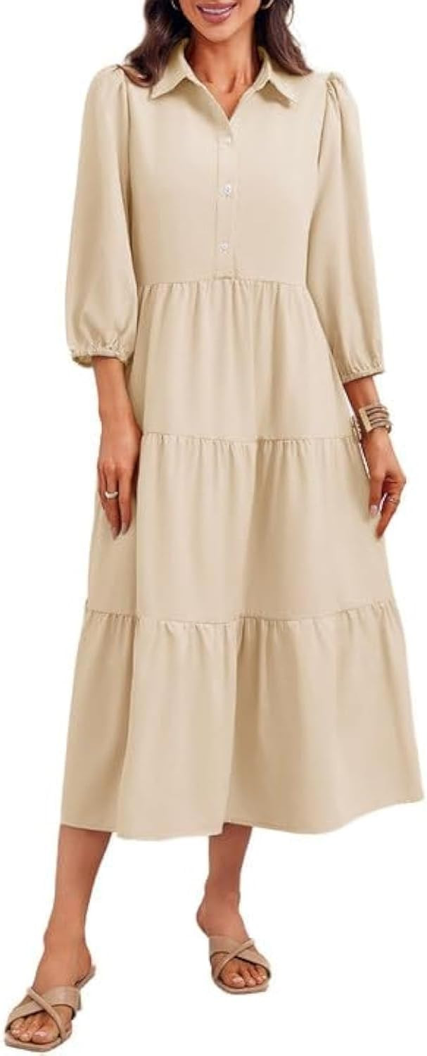 Wenrine Womens Casual 3/4 Sleeve Shirt Dress Button Down Flowy Maxi Dress | Amazon (US)
