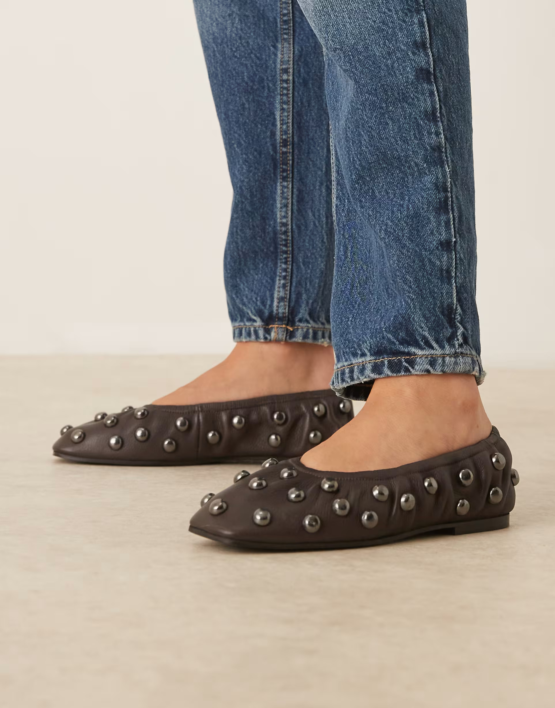 ASOS DESIGN Lyle premium studded scrunch ballet flats in brown leather | ASOS | ASOS (Global)