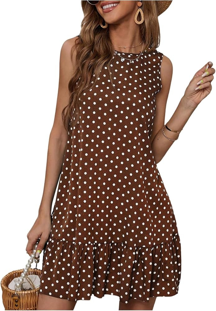 Women's Sleeveless Polka Dots Ruffle Tunic Dress Casual Summer Beach Tank Dresses Sundress | Amazon (US)