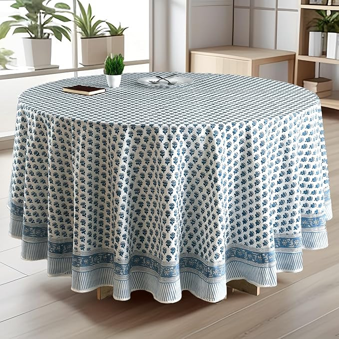 CPC Apatite Blue Block Print Cotton Handmade Round Tablecloth 90 Inch Decorative Table Cover for ... | Amazon (US)