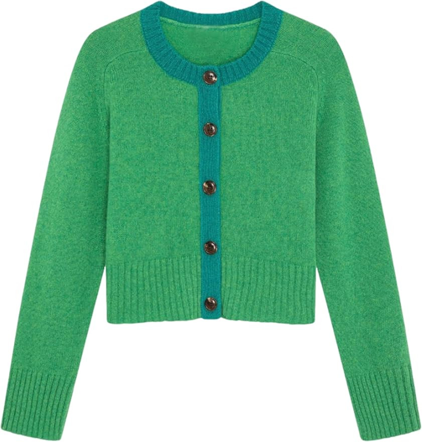 Springrain Womens Cropped Cardigan Long Sleeve Button Down Sweater Coat Color Block Casual Knit J... | Amazon (US)