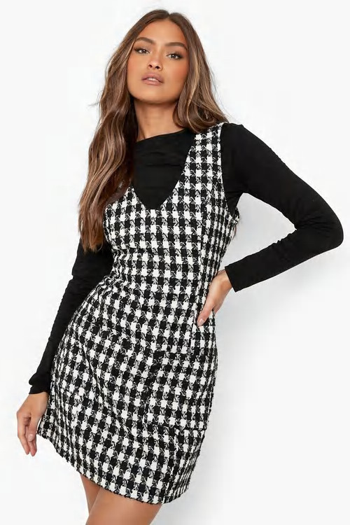 Dogtooth Scoop Neck Pinafore Dress | Boohoo.com (US & CA)