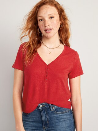 Linen-Blend V-Neck Henley T-Shirt for Women | Old Navy (US)
