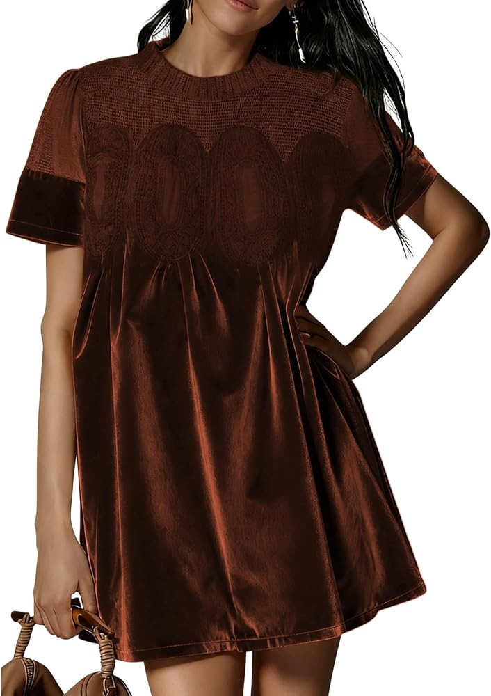 Womens Velvet Lace A-Line Overall Casual Pleated Swing Babydoll Wedding Skirtall Scallop Neck Fla... | Amazon (US)