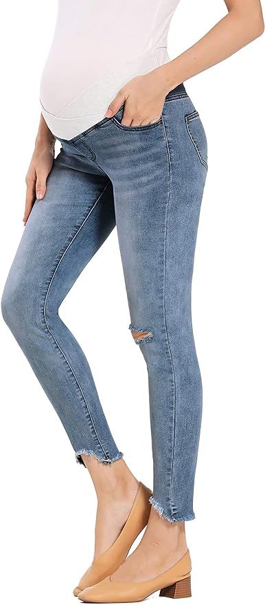 Foucome Women's Maternity Jeans Under The Belly Skinny Jeggings Cute Distressed Jeans Comfy Stret... | Amazon (US)