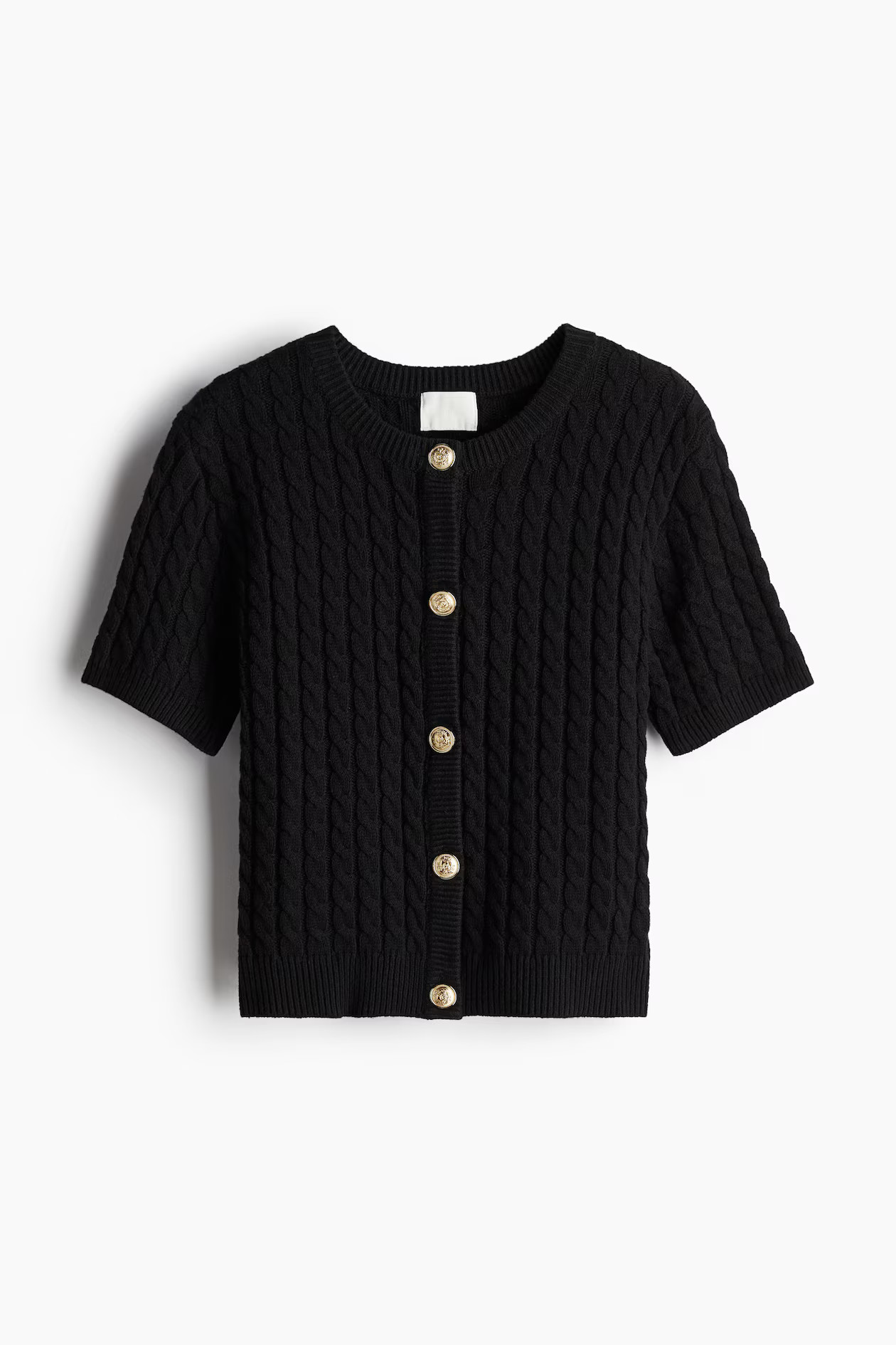 Cable-knit cardigan - Round neck - Short sleeve - Black - Ladies | H&M GB | H&M (UK, MY, IN, SG, PH, TW, HK)