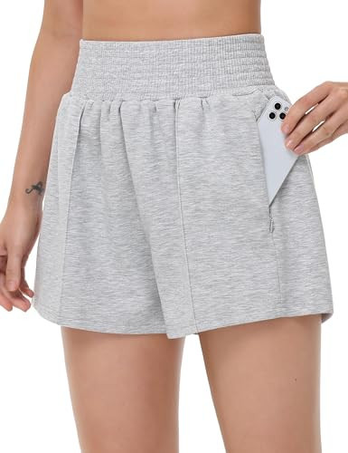 THE GYM PEOPLE Women's High Waist Sweat Shorts Summer Athletic Lounge Short with Zipper Pockets Light Heather Grey | Amazon (US)