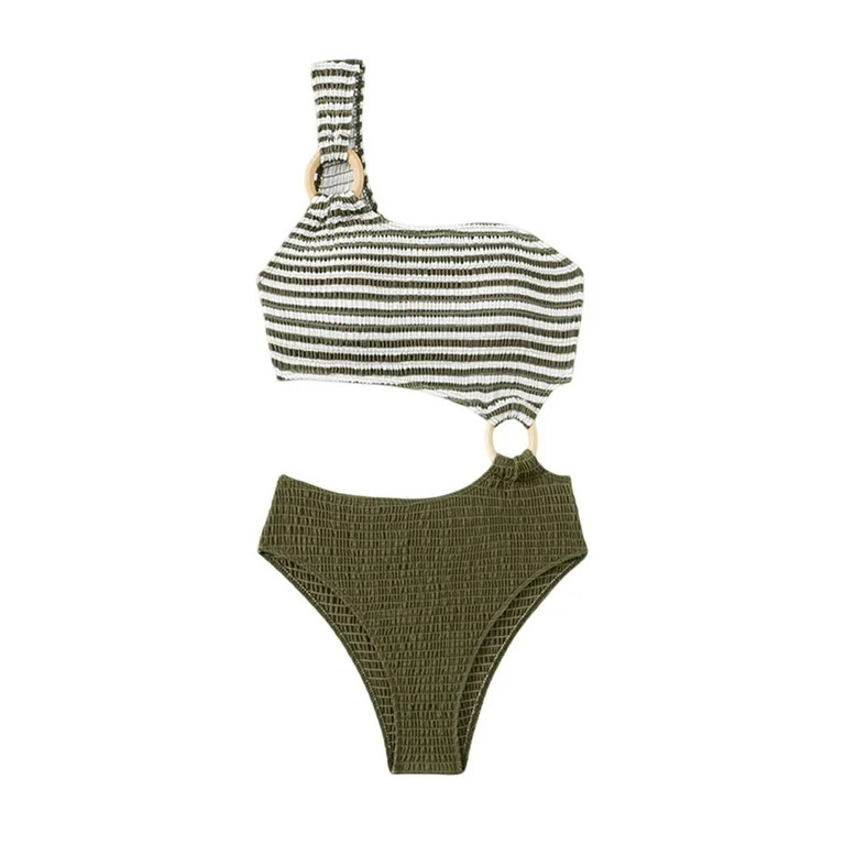 UTSJKR Womens Knit One Piece Swimsuit One Shoulder Padded Cutout Color Block Striped Swimwear Sex... | Walmart (US)