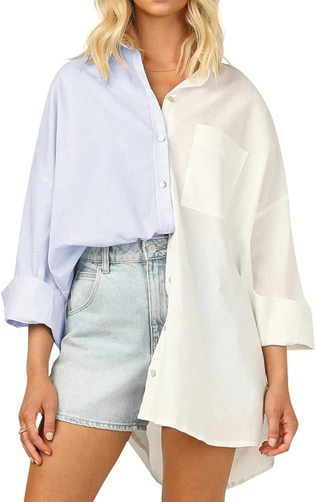 CHYRII Womens Casual Button Down V Neck Shirts Long Sleeve Blouse Tops with Pockets | Amazon (US)