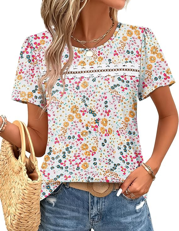 WIHOLL Womens Tops Boho Summer Outfits 2026 Short Sleeve Shirts with Lace Beach Vacation Clothes ... | Amazon (US)