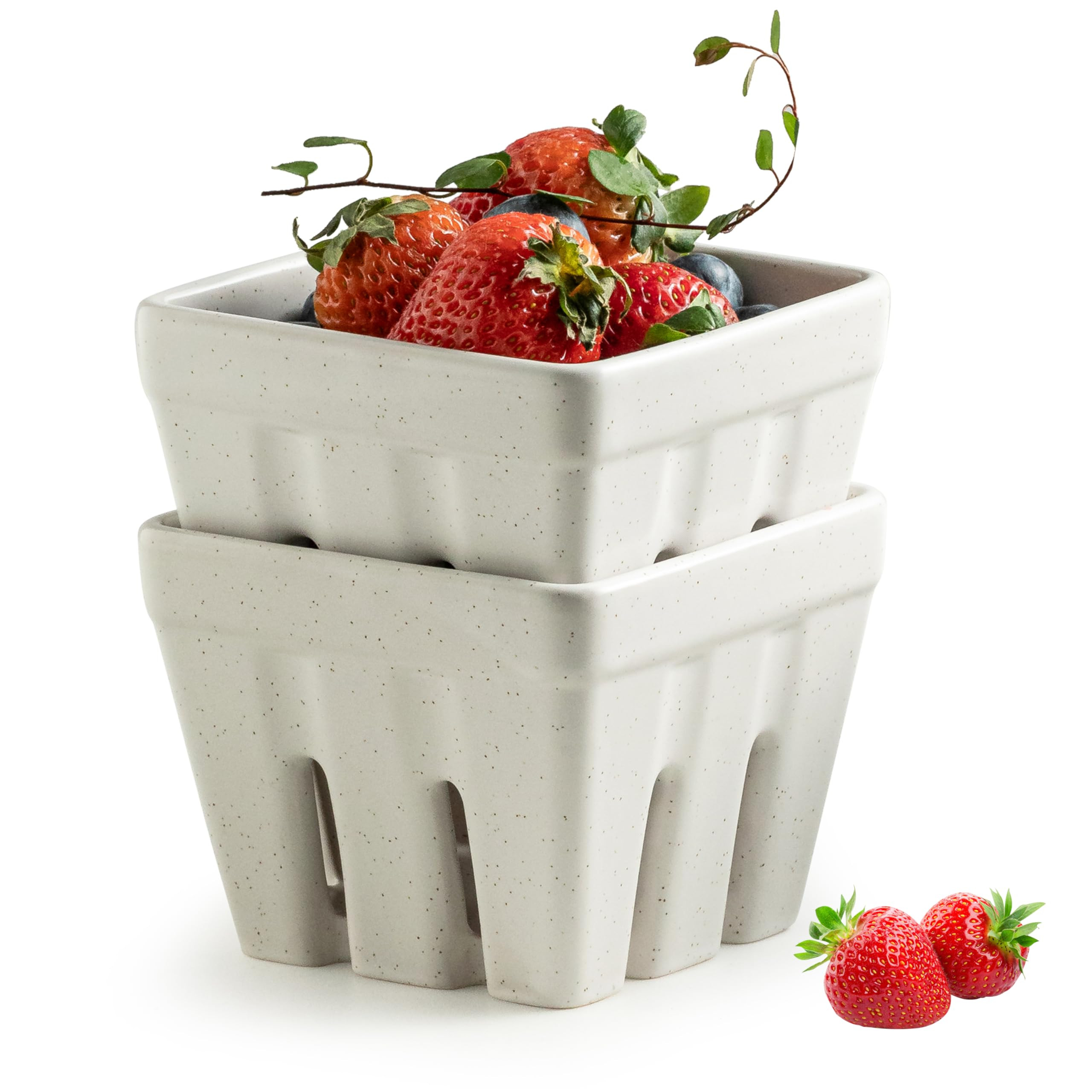 Gomakren Ceramic Berry Basket Set of 2, Square Fruit Bowls with Holes, Rustic Fruit Basket Containers for Kitchen, Berries, Strawberry, Grape, Cherry - Cream White | Amazon (US)