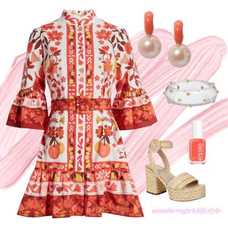 Graduation, Mother’s Day, Wedding .. any Semi-Casual Special Event 

New Farm Rio Orchard Print Shirtdress, Kate Spade Enamel Pearl Earrings, Lucite Gold Dot Bangle Bracelet, Essie Orange Nail Polish & Raffia Platform Sandals 

Spring Dress. Spring Outfit. Summer Outfit. Wedding Guest Dress. Graduation Dress  

#LTKStyleTip #LTKSeasonal #LTKShoeCrush