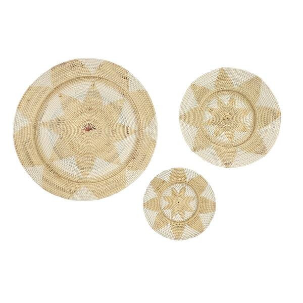 Large Decorative Beige and White Round Wicker Basket Trays Wall Decor with Star Design Set of 3 2... | Bed Bath & Beyond