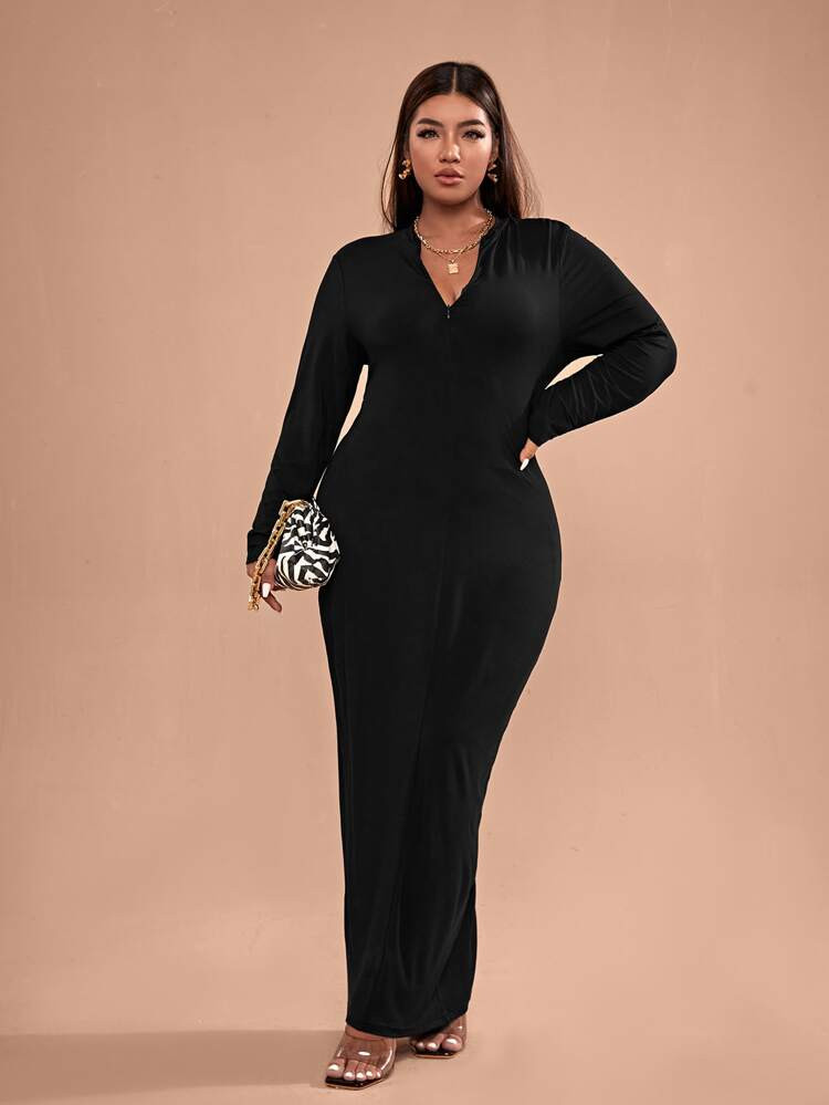 SHEIN Plus Solid Zipper Maxi Bodycon Dress | SHEIN
