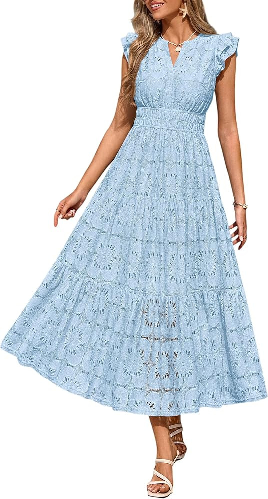 PRETTYGARDEN Womens Boho Maxi Dresses 2026 Summer Floral Lace Eyelet V Neck Spring Wedding Guest ... | Amazon (US)